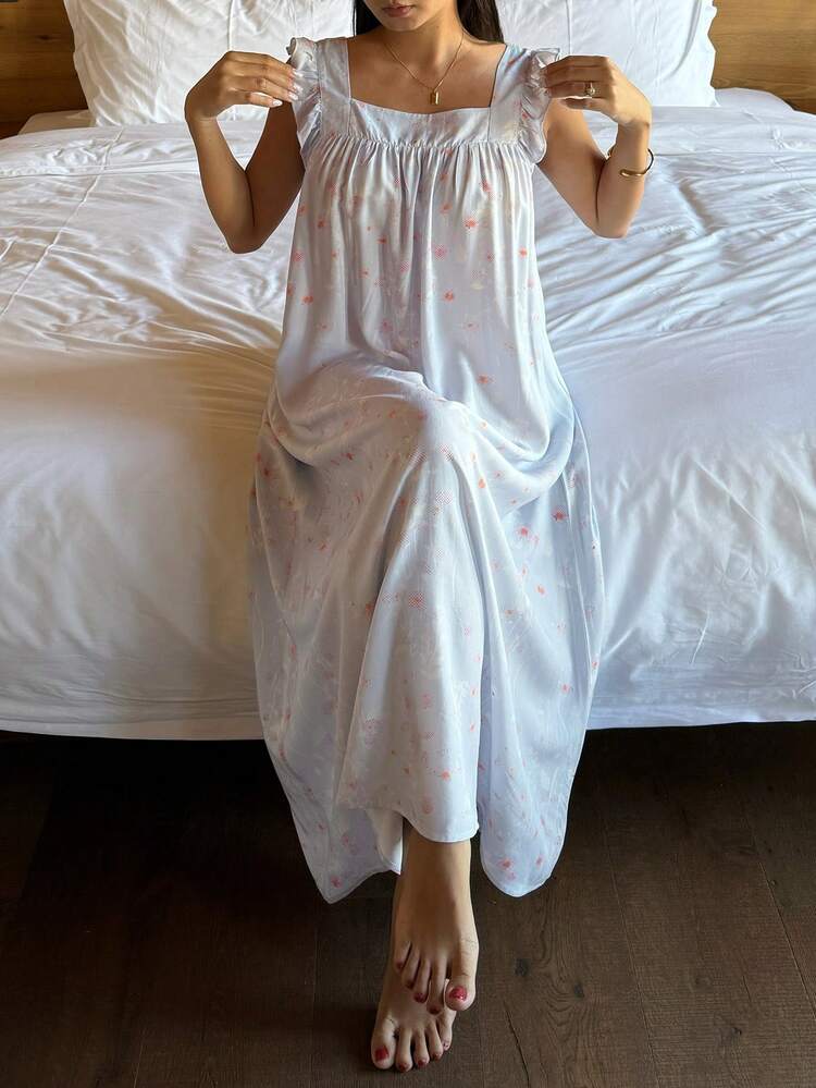 Ditsy Floral Square Neck Wide Strap Ruffle Hem Long Women Nightgown
