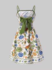 SHEIN 少女碎花吊带露背镂空连衣裙，饰有蝴蝶结 - 綠色 - 查看 10