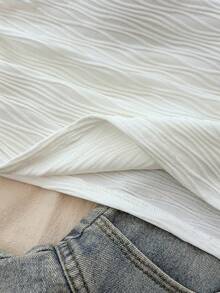 少女白色纹理针织休闲简约修身不对称褶皱短款上衣，适合春夏穿着，休闲百搭，可打造个性造型，日常穿着 - 杏色 - 查看 6