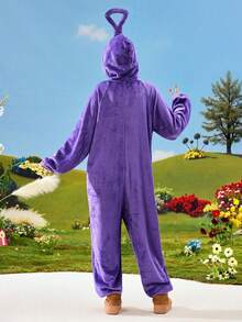 Teletubbies X ROMWE Women's Cartoon Embroidered Zip Front 3D Hooded Plush Fabric Cute Pajama Romper - Purple - View 3