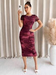 Vestido de manga corta con estampado floral verde para mujer - Burdeos - Ver 3