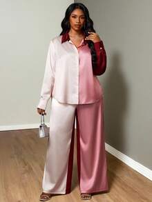 Truni Plus Size Women's Contrast Color Loose Long Sleeve Shirt And Pants Set, With Pocket And Button Details, Suitable For Dates, Parties, Commuting, Pear-Shaped Figure Blouse And Pants Set Pant Suit Set Plus, For Pear Triangle Body Shape - Multicolor - View 4