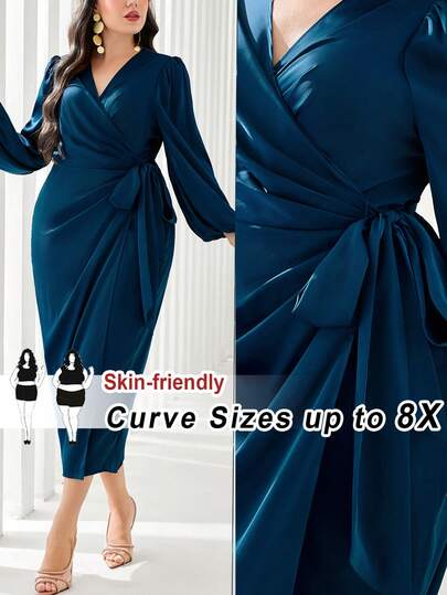 SHEIN CURVE+ Plus Size V-ringad Långärmad Heltäckande Tryck Midja Knytband Slim Fit Elegant Charmig Lång Aftonklänning