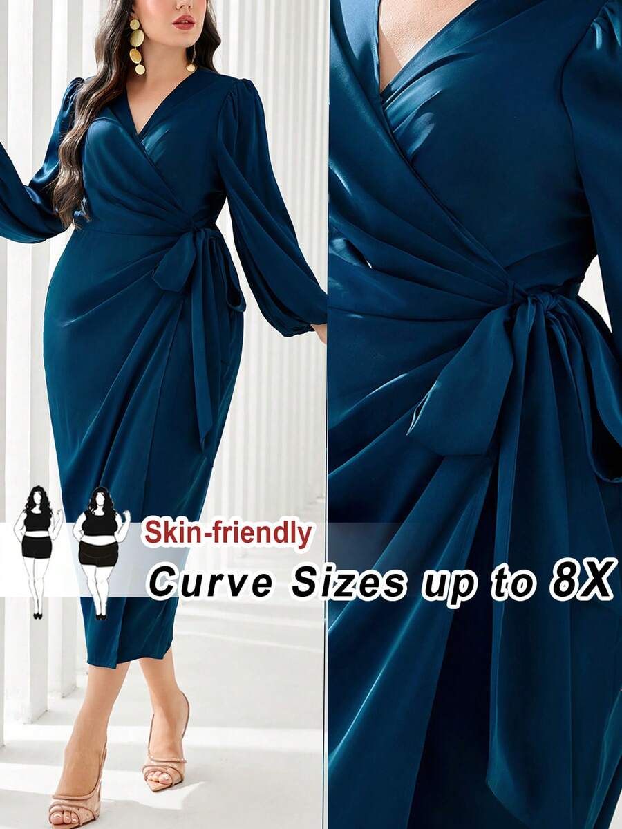 SHEIN CURVE+ Plus Size V-Neck Long Sleeve Allover Print Waist Tie Slim Fit Elegant Charming Long Evening Dress - Blue - View 1