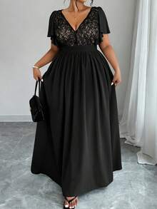 Elenzga Plus Size Women Elegant Lace Ruffle Sleeve Waist Cinched A-Line Split Maxi Dress, Suitable For Party, Wedding, Spring/Summer  Day - Black - View 5