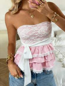 CovetEZ 优雅撞色蕾丝拼接荷叶边抹胸上衣，夏季 - 粉色 - 查看 1
