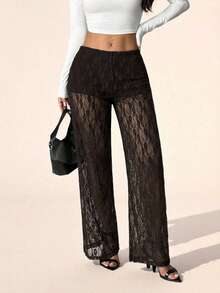 SHEIN PETITE Women's Elastic Waist Floral Lace Straight Loose Fashion Pants Lace Pants See Through Pants - Brown - View 6