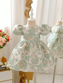 Glamorique Kids 女婴公主裙，蝴蝶结，绿色花卉提花面料，高品质面料，优雅提花连衣裙，适合中东、欧洲、美洲，奢华派对礼服，表演用女婴优雅连衣裙，绿色复古女婴连衣裙，薄荷绿女婴公主裙，优雅蓬蓬女婴连衣裙，欧式女婴连衣裙 - 綠色 - 查看 11