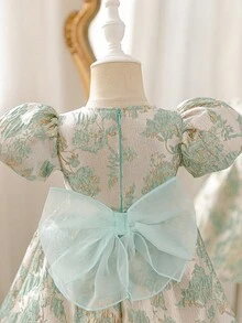 Glamorique Kids 女婴公主裙，蝴蝶结，绿色花卉提花面料，高品质面料，优雅提花连衣裙，适合中东、欧洲、美洲，奢华派对礼服，表演用女婴优雅连衣裙，绿色复古女婴连衣裙，薄荷绿女婴公主裙，优雅蓬蓬女婴连衣裙，欧式女婴连衣裙 - 綠色 - 查看 3