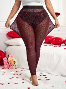 SHEIN CURVE+ 大码女式心形印花薄纱打底裤，适合情人节穿着 - 黑色 - 查看 3