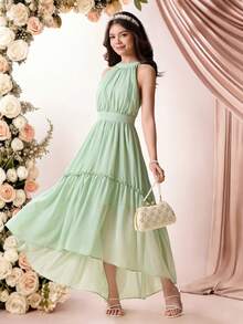 Pitira 儿童青少年女孩派对礼服，绿色，露背，荷叶边，收腰，魅力连衣裙，优雅，适合派对、婚礼季、节日、情人节、花童/伴娘礼服。优雅绿色连衣裙，青少年浅绿色连衣裙，青少年夏季户外连衣裙，鼠尾草绿连衣裙，女孩花园派对连衣裙，优雅青少年夏季连衣裙，高低摆露背连衣裙，长裙，长款连衣裙，鼠尾草绿连衣裙，青少年舞会礼服，优雅派对连衣裙，青少年女孩连衣裙，粉绿色连衣裙，高低摆连衣裙 - 綠色 - 查看 5