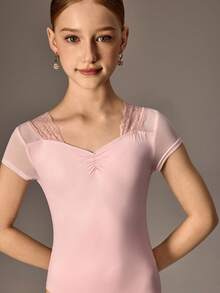 少女体操服，专业运动体操和舞蹈服，高弹透气紫色闪亮图案水钻连体衣 - 粉色 - 查看 5