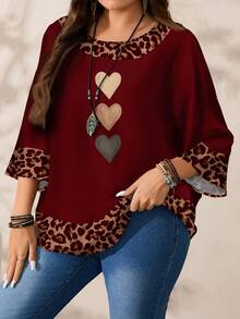 Mellowie Plus Size Women Casual All-Over Print Round Neck Loose 3/4 Sleeve Shirt, Autumn/Winter