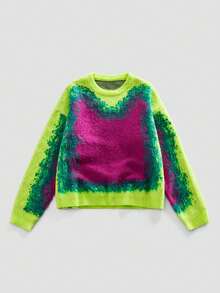 ROMWE MEN Street Life Spring Casual Graphic Men'S Loose Fit Crew Neck Jacquard Knit Long Sleeve Sweater - Green - View 5