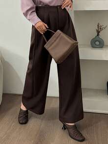 DAZY 女士纯色宽松直筒裤，松紧腰带，秋季女士正装裤 - 棕色 - 查看 5