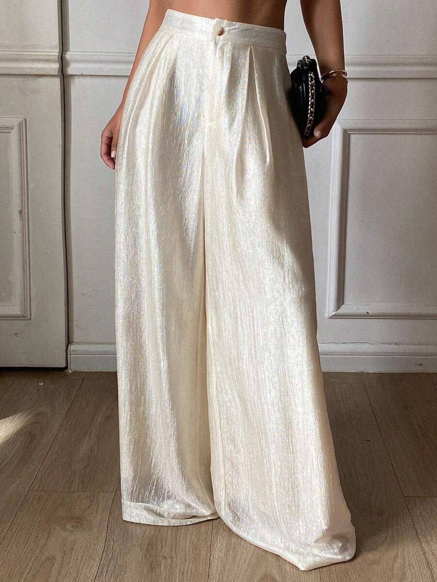 DAZY Quần ống rộng xếp ly cạp cao cho nữ tuổi teen - Màu be - Xem 1