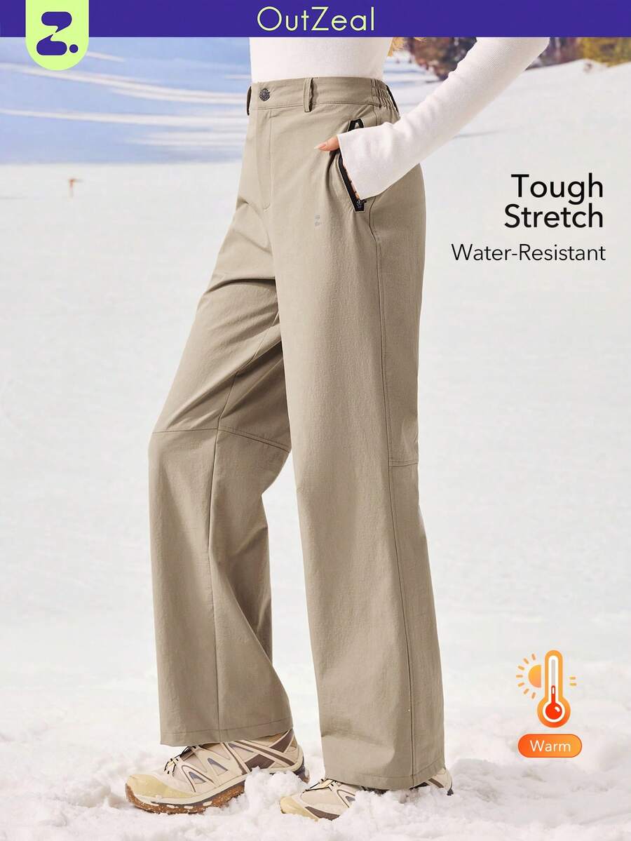 OutZeal 女士无氟防水弹力尼龙拉链口袋户外裤，适合徒步露营，秋冬季穿着 - 卡其色 - 查看 1