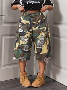 Slaydiva Quần short Bermuda denim rách dáng rộng cạp cao in họa tiết rằn ri dành cho người có thân hình mũm mĩm. - Nhiều màu - Xem 5