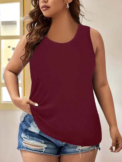 EMERY ROSE Plus Size Women's Casual Solid Color Simple Sleeveless Tank Top