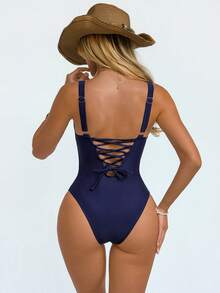 Shapewave 1 pieza Traje de baño de una sola pieza con control de abdomen, escote con cordones y espalda descubierta, estilo patchwork, color azul marino, para estilizar la figura en la playa o vacaciones - Azul Marino - Ver 5