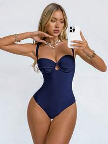 Shapewave 1pc Women's Solid Color Ruched Sexy Fashion Spaghetti Strap One-Piece Swimsuit - Navy Blue - View 7