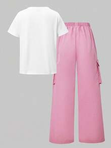 SHEIN ChillGRL Set de 2 piezas de camiseta y pantalón cargo informal para niñas, camiseta de manga corta con cuello redondo y estampado, y pantalones, conjunto de moda para primavera/verano - Rosa - Ver 4