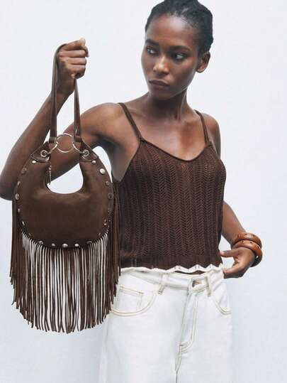 Maija Ladies, Women Shoulder Bag, Hobo Bag, Top Handle Bags, Tassel, Retro, Rivets, Vintage, Fashionable, Elegant, Simple, Personalized, Versatile, Classic, For Commute, Office, Date, Daily, Shopping, Afternoon Tea