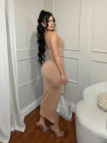 SHEIN SXY 两件套女士卡其色水钻无袖上衣和亮片半裙套装，水钻连衣裙，闪亮连衣裙，钻石连衣裙 - 卡其色 - 查看 2