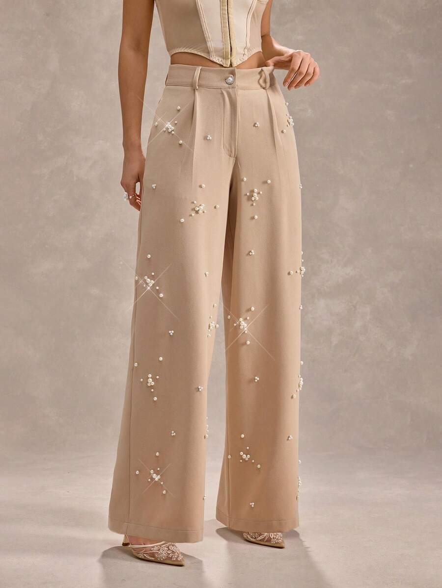 CLARA VERO Women's Solid Color Pleated Waist Belt Loop Wide Leg Pants, Elegant With Pearl Decor - Apricot - View 1