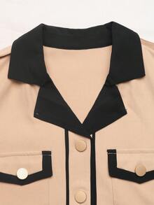 GlowEve Vestido elegante de oficina con bloqueo de color y botones delanteros - Caqui - Ver 4