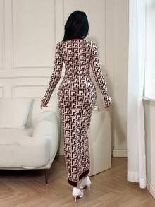 Feyla 女士几何图案领口纽扣设计毛衣和长款针织中长裙两件套，适合秋冬季节穿着。 - 紫色 - 查看 2