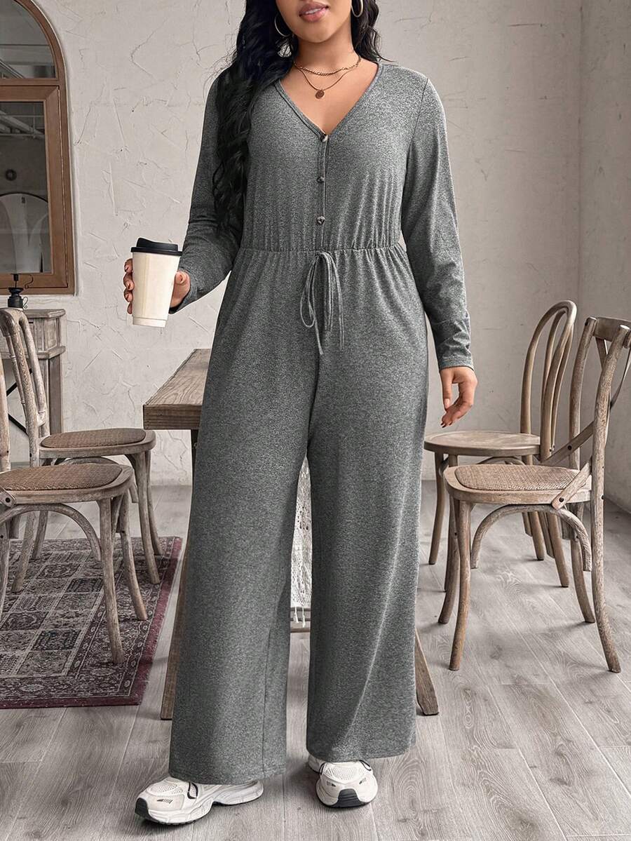 Elenzga Plus Size New Knitted Casual V-Neck Long Sleeve Jumpsuit, Suitable For Autumn, Winter And Spring