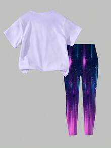 Bộ 2 món dành cho bé gái tuổi teen, phong cách thường ngày, sáng tạo, cá tính, tươi mới, sang trọng, tối giản, in hình ngôi sao năm cánh nhiều màu sắc, hiệu ứng ombre tím, chữ cái và khẩu hiệu. Áo thun và quần thoải mái, thích hợp mặc hàng ngày, mùa xuân, hè và thu. - Nhiều màu - Xem 2