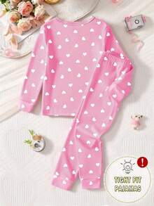 1 Set Young Girls Rabbit & Heart Print Tight Fit Knit Crew Neck Long Sleeve Top And Matching Printed Pants Pajama Set - Pink - View 2