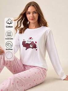 Loomlin 棉质女士可爱熊和心形图案长袖和裤子家居服舒适睡衣套装 - 白色 - 查看 1