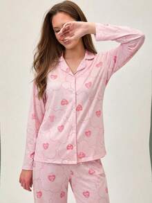 Loomlin Women 2 Pcs Button Front With Flowers&Heart Pattern Pocket Detail Long Sleeve Shirt&Pants Homewear Pajama Set - Baby Pink - View 5