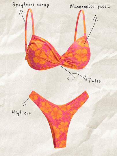 Elavelle Conjunto de bikini sexy con estampado aleatorio, halter retorcido para primavera y verano, conjuntos de ropa de playa para mujer