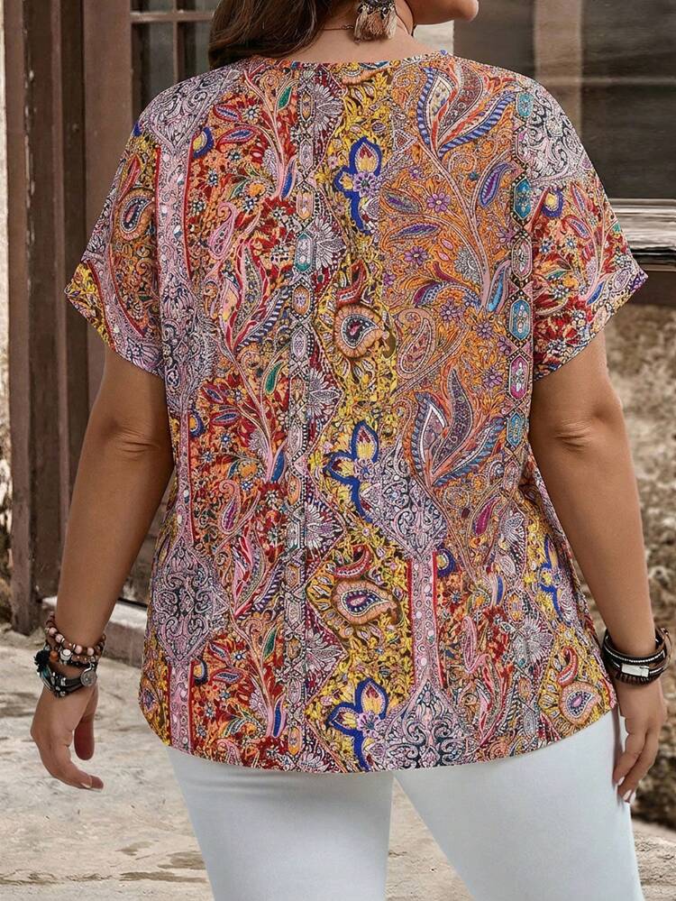 Plus Size Women's Bohemian Style Printed Button Embellished Short Sleeve Shirt For Spring And Summer, Summer Tops