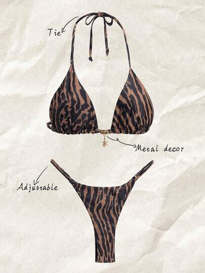 Elavelle Springbreak-strandoutfit för kvinnor, slumpmässigt tryckt spagettiband i metalldekor, sexigt bikinisete