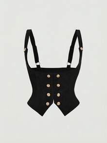 SHEIN MOD Bộ đồ 2 món cỡ lớn kiểu retro bằng vải nhung kẻ, gồm áo hai dây cài khuy đôi và quần ống rộng. - màu đen - Xem 4