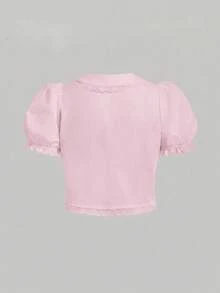 SHEIN MOD 加大码白色蕾丝装饰泡泡袖短袖衬衫 - 粉色 - 查看 2