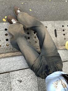 FRIFUL 女士做旧水洗直筒牛仔裤，休闲百搭长款牛仔裤 - 藍色 - 查看 1