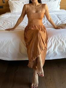 Women's Charming Tie Shoulder Bandeau Waist Jumpsuit Pajamas - Brown - View 5