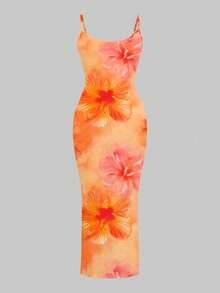 Slaydiva Vestido maxi cómodo con estampado floral de teñido anudado naranja, adecuado para fiestas en la playa, de estilo minimalista, bohemio, elegante y romántico, retro, para primavera/verano - Multicolor - Ver 3