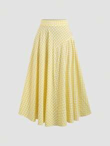Sweetra French High Waist Vacation Style Dopamine Yellow & White Plaid Pleated Skirt For Women, Summer - Yellow - View 1