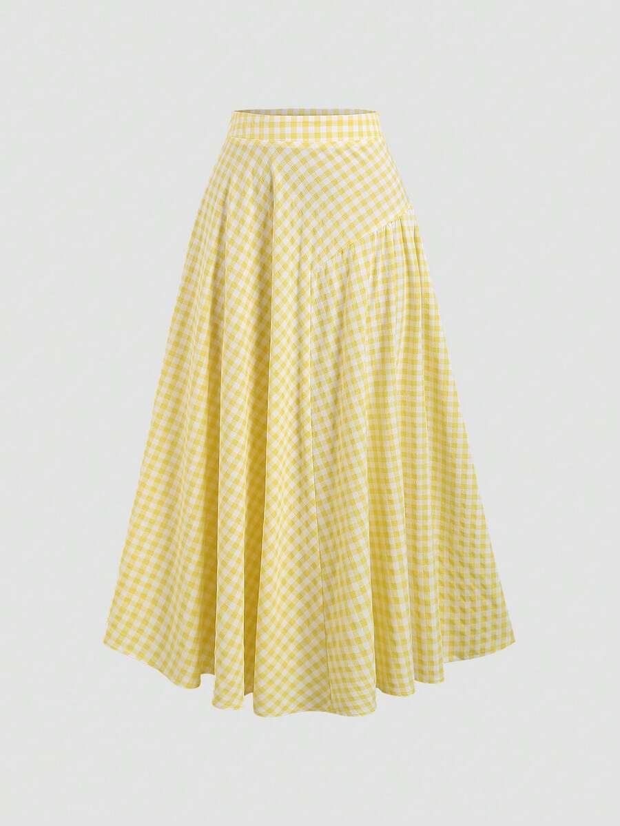 Sweetra French High Waist Vacation Style Dopamine Yellow & White Plaid Pleated Skirt For Women, Summer - Yellow - View 1