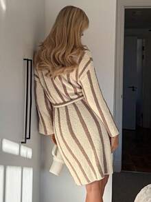 DAZY 女士条纹提花抓绒中长睡袍，冬季睡衣 - 咖啡棕 - 查看 2
