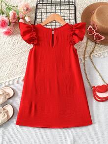 SHEIN 女童蝴蝶结短袖蕾丝花边休闲连衣裙，可爱甜美，时尚百搭，适合外出、姐妹合影、公园、露营、度假、日常休闲穿着 - 紅色 - 查看 2