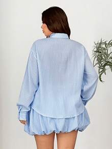 Vionelle Bộ đồ 2 món cỡ lớn, kiểu dáng thường ngày, gồm áo sơ mi dài tay kẻ sọc cài cúc và chân váy ngắn, thích hợp cho mùa thu. - Màu xanh lam - Xem 5