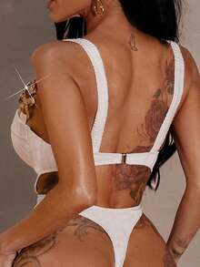 Swim SXY 春假女士纯色链条钢圈露背吊带高衩镂空系带性感连体泳衣，夏季海滩度假装